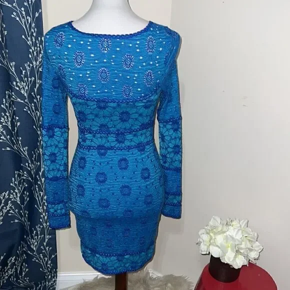 Free People Botanical Forest Long Sleeve Floral Bodycon Dress Blue Daisy sz XS - Picture 3 of 8